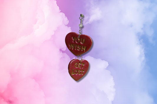 YOU WISH, GET LOST, YOU SUCK, GO AWAY Pink Hearts on Pink Bead Chain Earrings