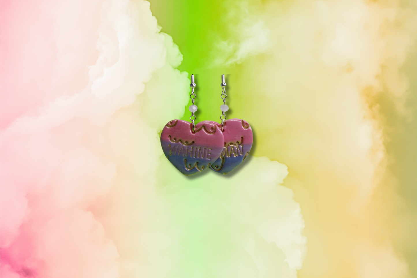 Pink and Blue Boob Heart WAHINE/WOMAN on Pink Bead Chain