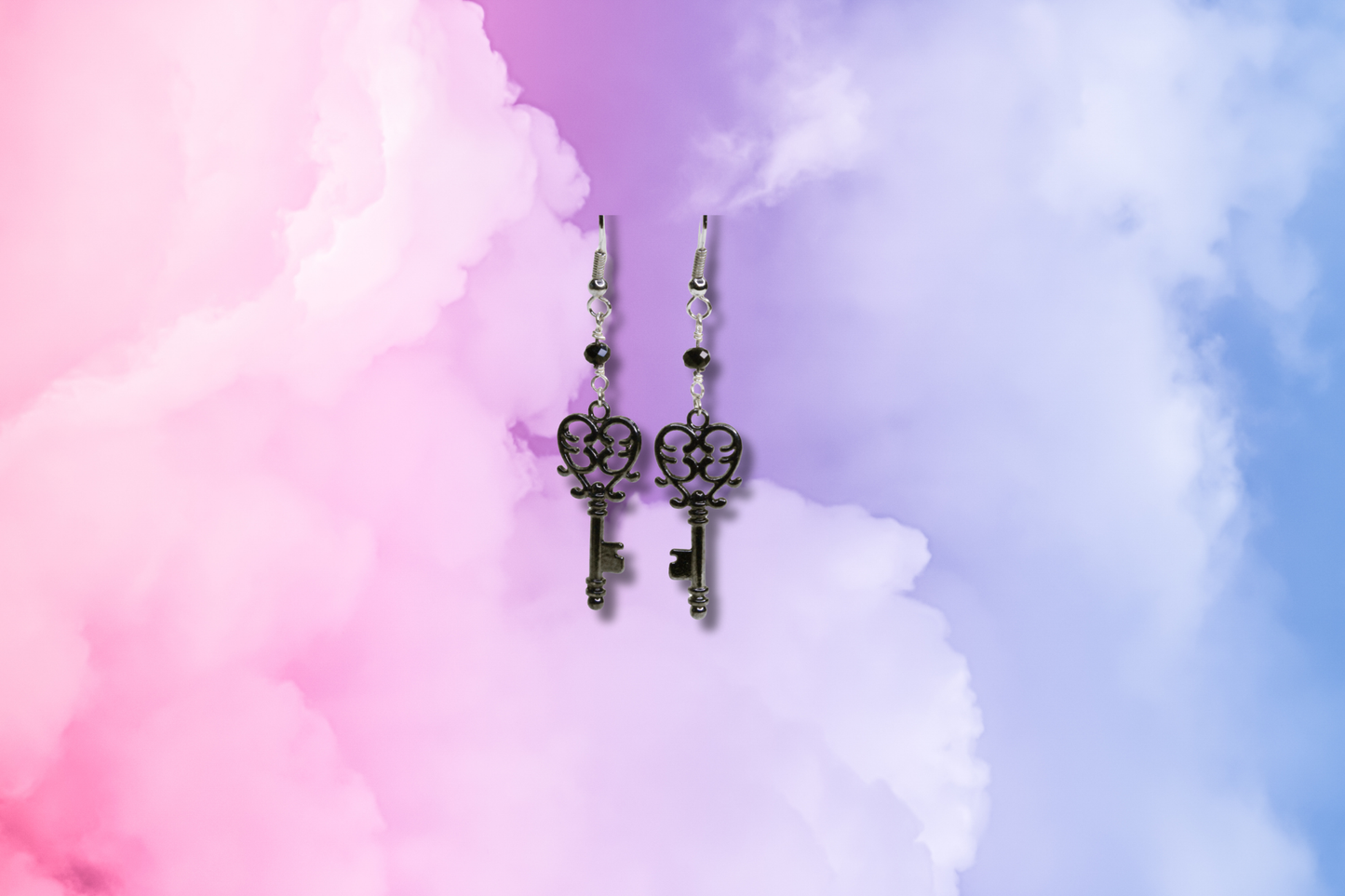 Black Fancy Key on Black Bead Chain Earrings