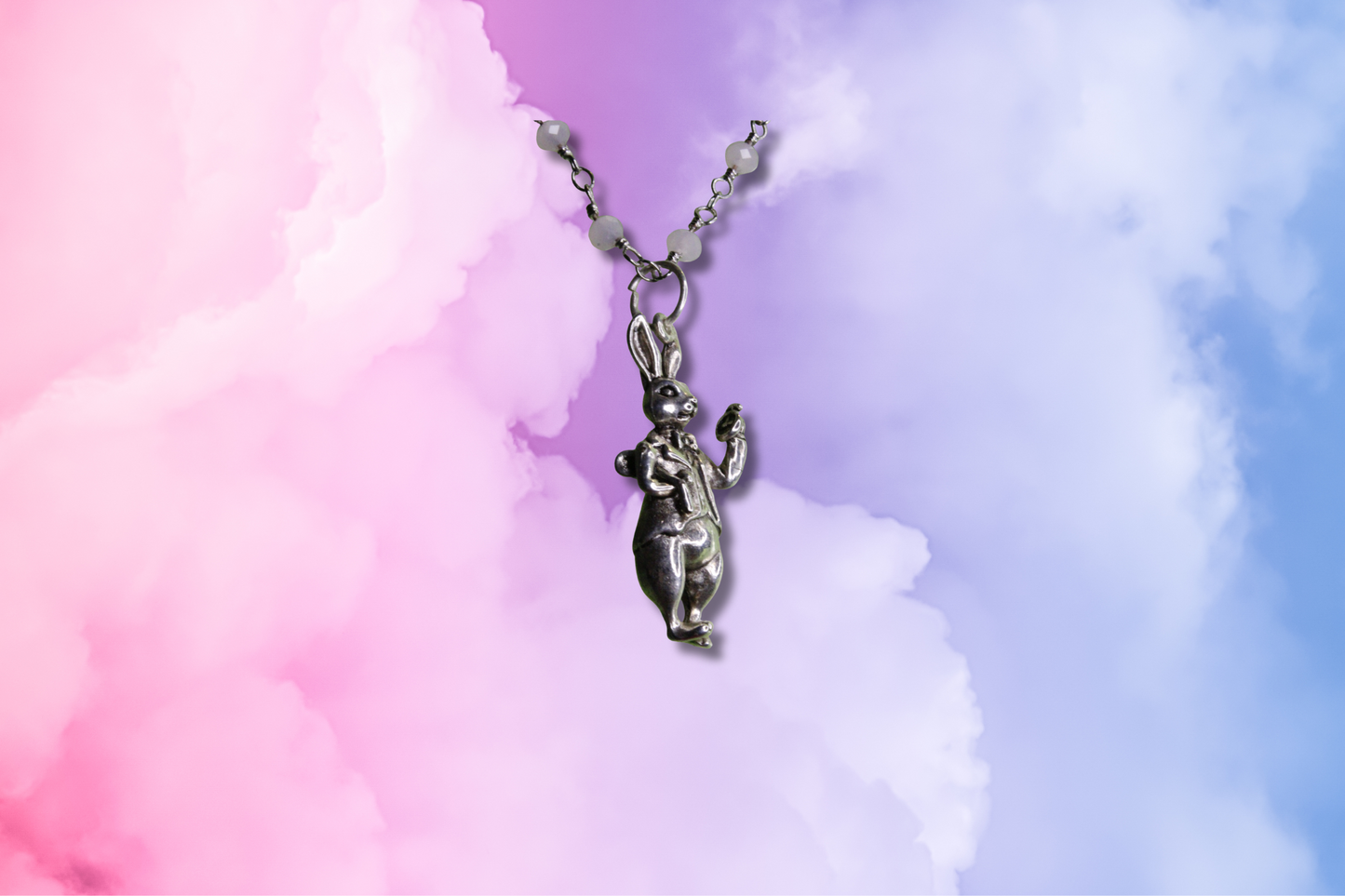 White Rabbit, Pink Beads on Chain Necklace