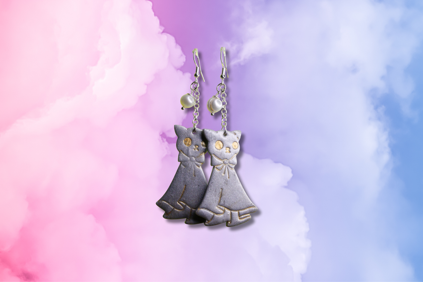 Silver Cat Ghost, Natural Pearl and Chain Earrings