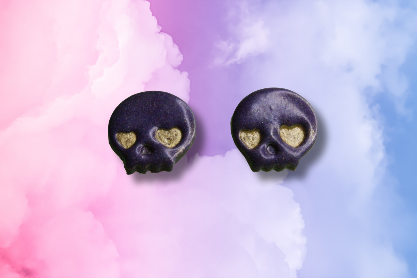 Purple and Gold Heart Eyed Skull Studs
