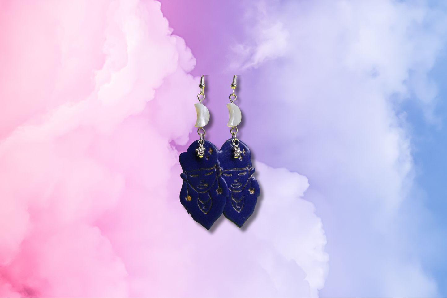 Dark Blue Witch with Star and Shell Moon Earrings
