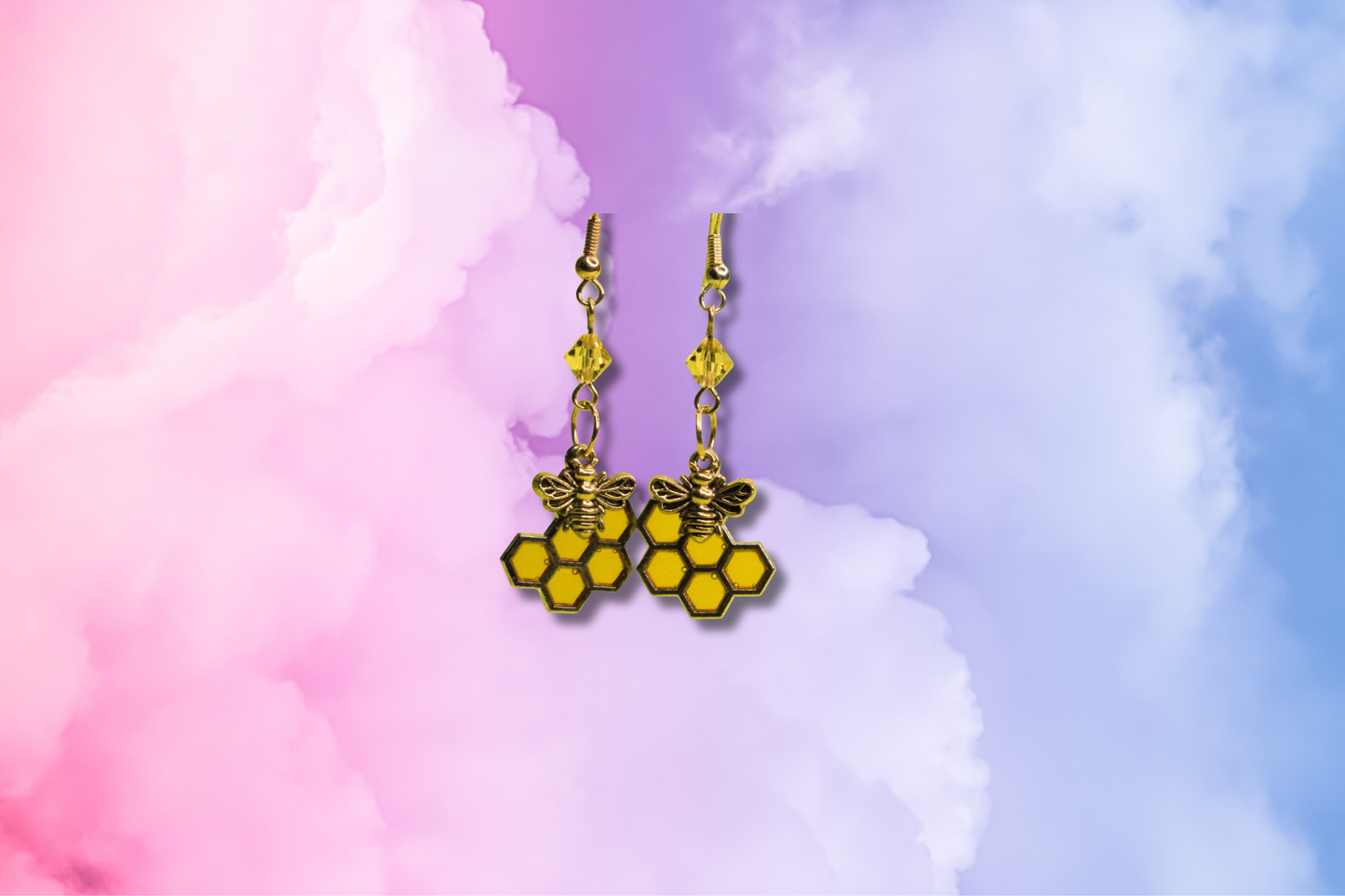 Yellow Honeycomb with Gold Bee and Yellow Swarovski Earrings