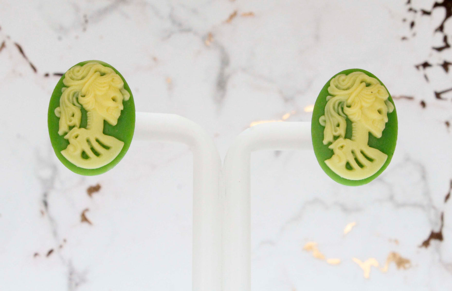 Green Skeleton Lady Cameo Studs