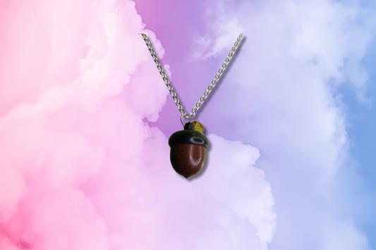 Wood Acorn, Gemstone Chips, Amber Glass Leaf on Chain Necklace