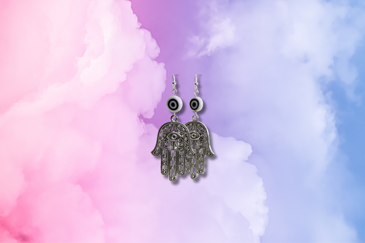 Mystic Eye Hand with White Evil Eye Glass Bead Earrings