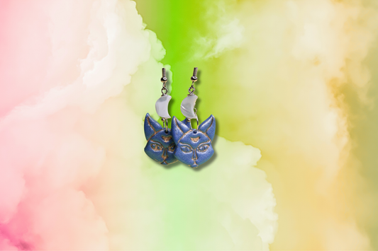 Blue Moon Cat with Shell Moon on Clear Bead Chain Earrings