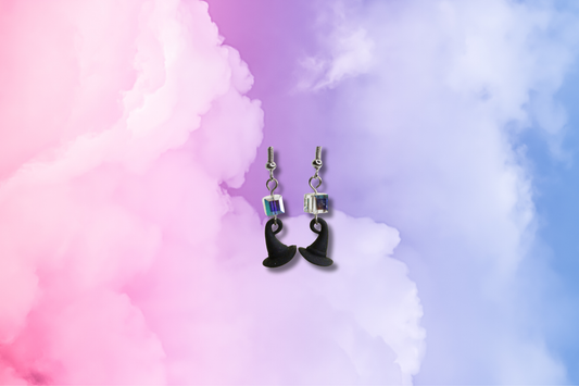 Black Matt Witches Hat with Rainbow Square Swarovski Earrings