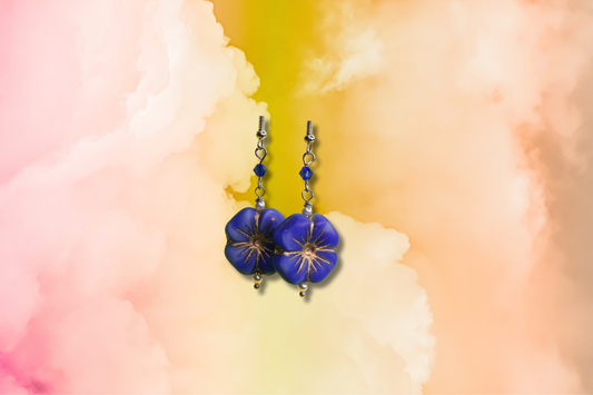 Blue Glass Flower with Pearl and Dark Blue Swarovski Earrings