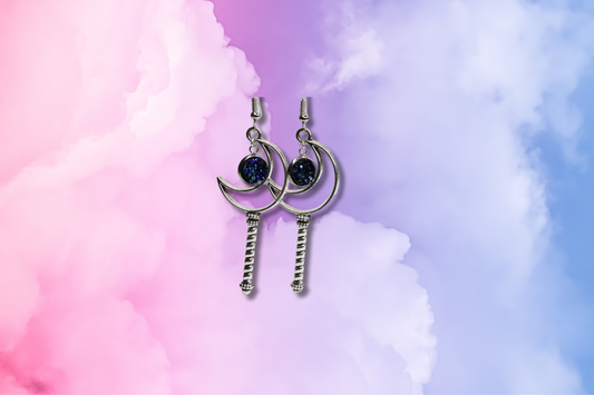 Blue Crystal Cluster with Moon Wand Earrings