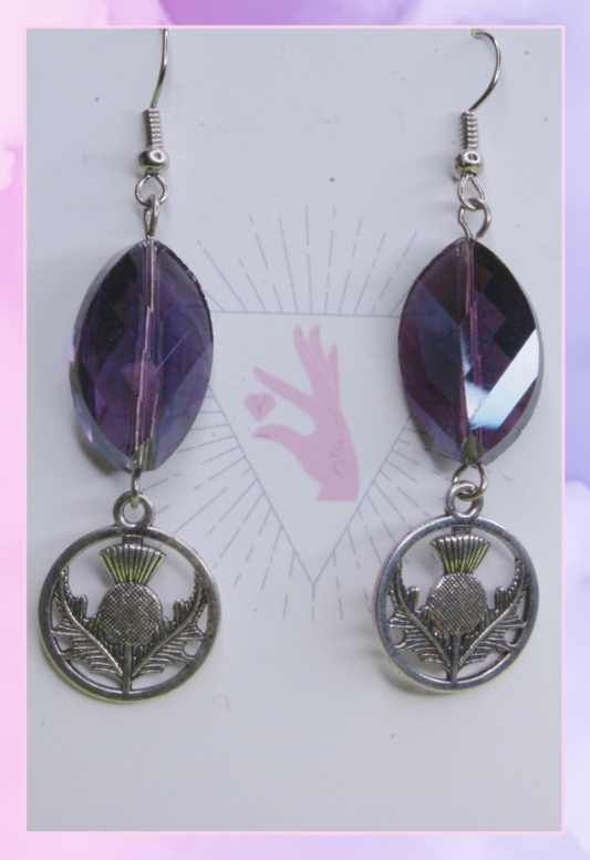 Scottish Thistle with Large Oval Purple Crystal Earrings