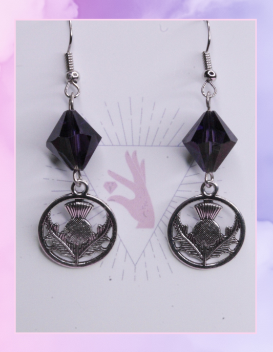 Scottish Thistle with Large Purple Crystal Earrings