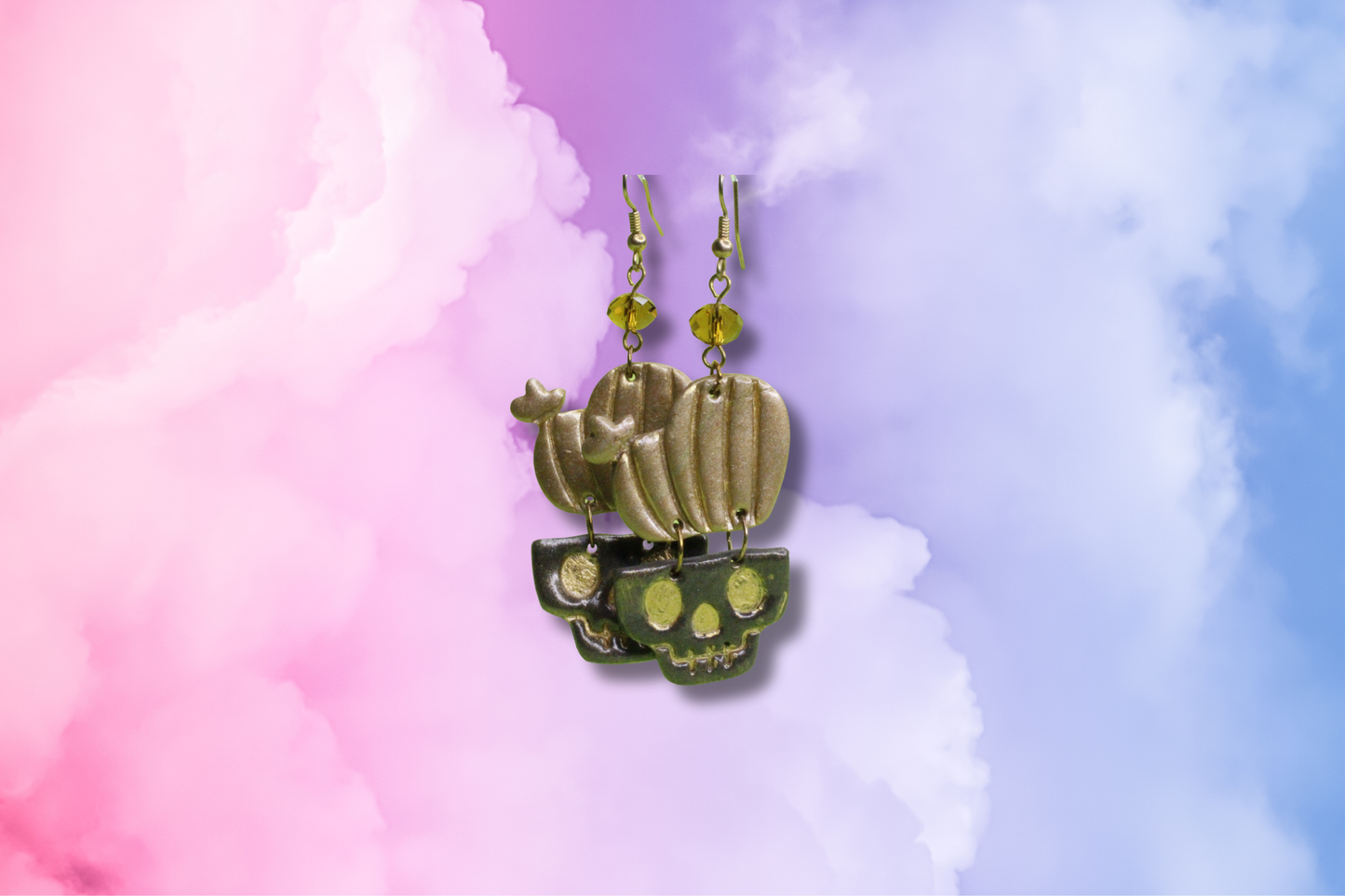 Black Skull Pot with Gold Cactus and Amber Crystal Earrings