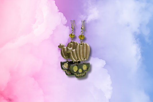 Black Skull Pot with Gold Cactus and Amber Crystal Earrings