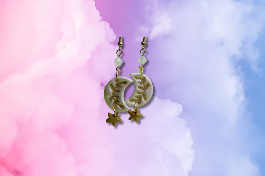 White Crescent Moon, Gold Star and Frosted White Swarovski