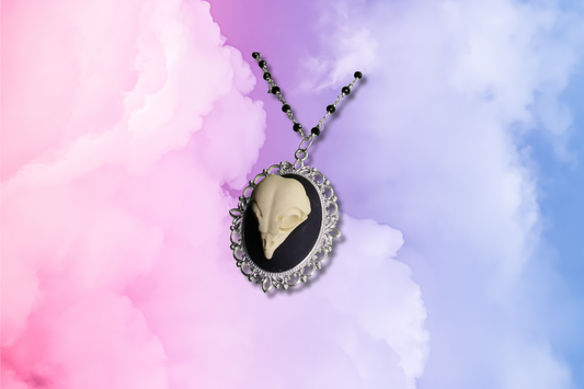 Owl Skull Cameo on Black Bead Chain Necklace