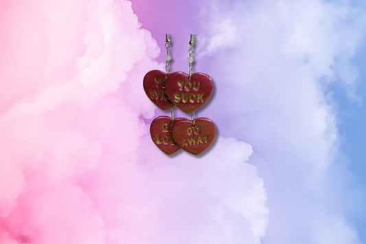 YOU WISH, GET LOST, YOU SUCK, GO AWAY Pink Hearts on Pink Bead Chain Earrings