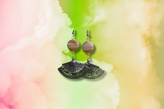Double Fans with Gold and White Circles Earrings