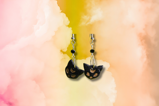 Black Cat on Black Bead Chain Earrings