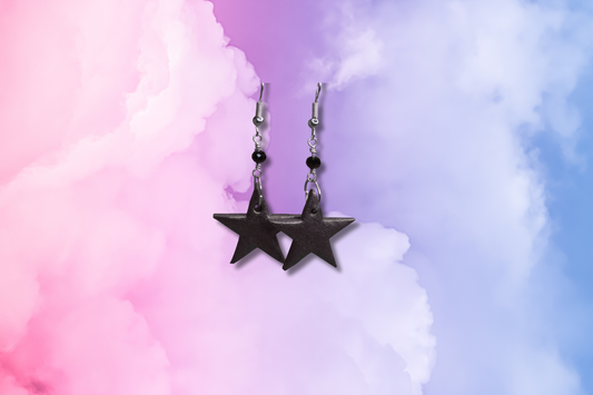 Gold and Black Star on Black Bead Chain Earrings