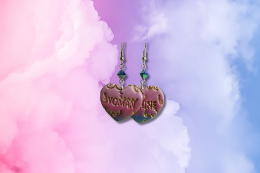 Pink and Blue Boob Hearts with WOMAN, WAHINE and Blue Metallic Swarovski Earrings
