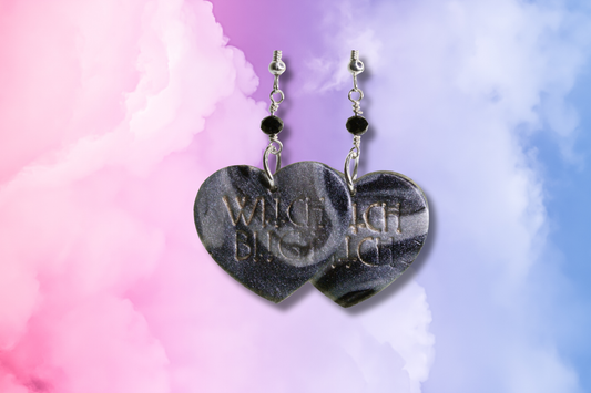 Black and White WITCH BITCH Heart on Black Bead Chain Earrings