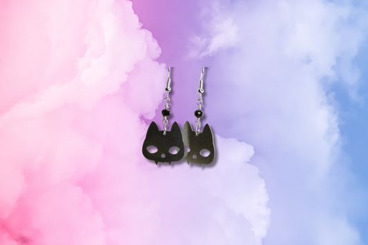 Skull Cat with Black Bead Chain Earrings