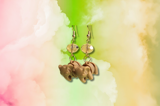 Gold 3D Elephant with Large Amber Crystal Earrings