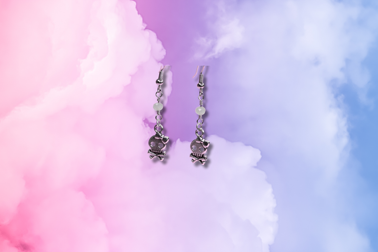 Bow Skull and Crossbones on Pink Bead Chain Earrings