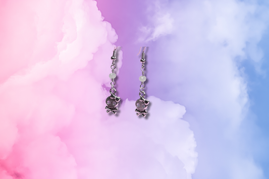 Bow Skull and Crossbones on Pink Bead Chain Earrings