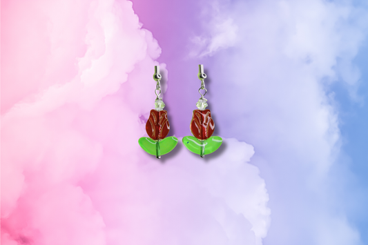 Red Glass Tulip with Clear Swarovski Earrings