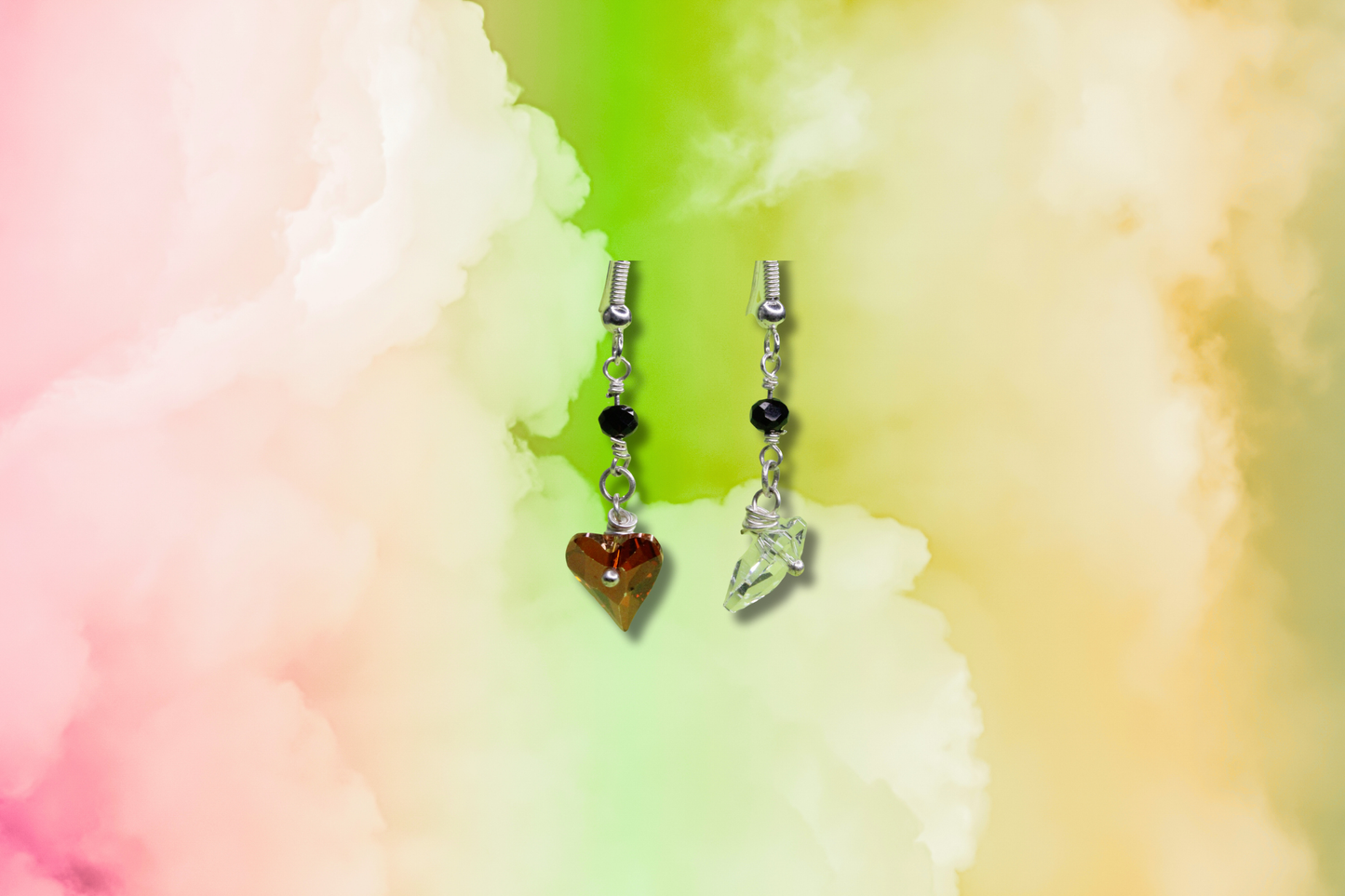 Red and Clear Swarovski Hearts on Black Bead Chain Earrings