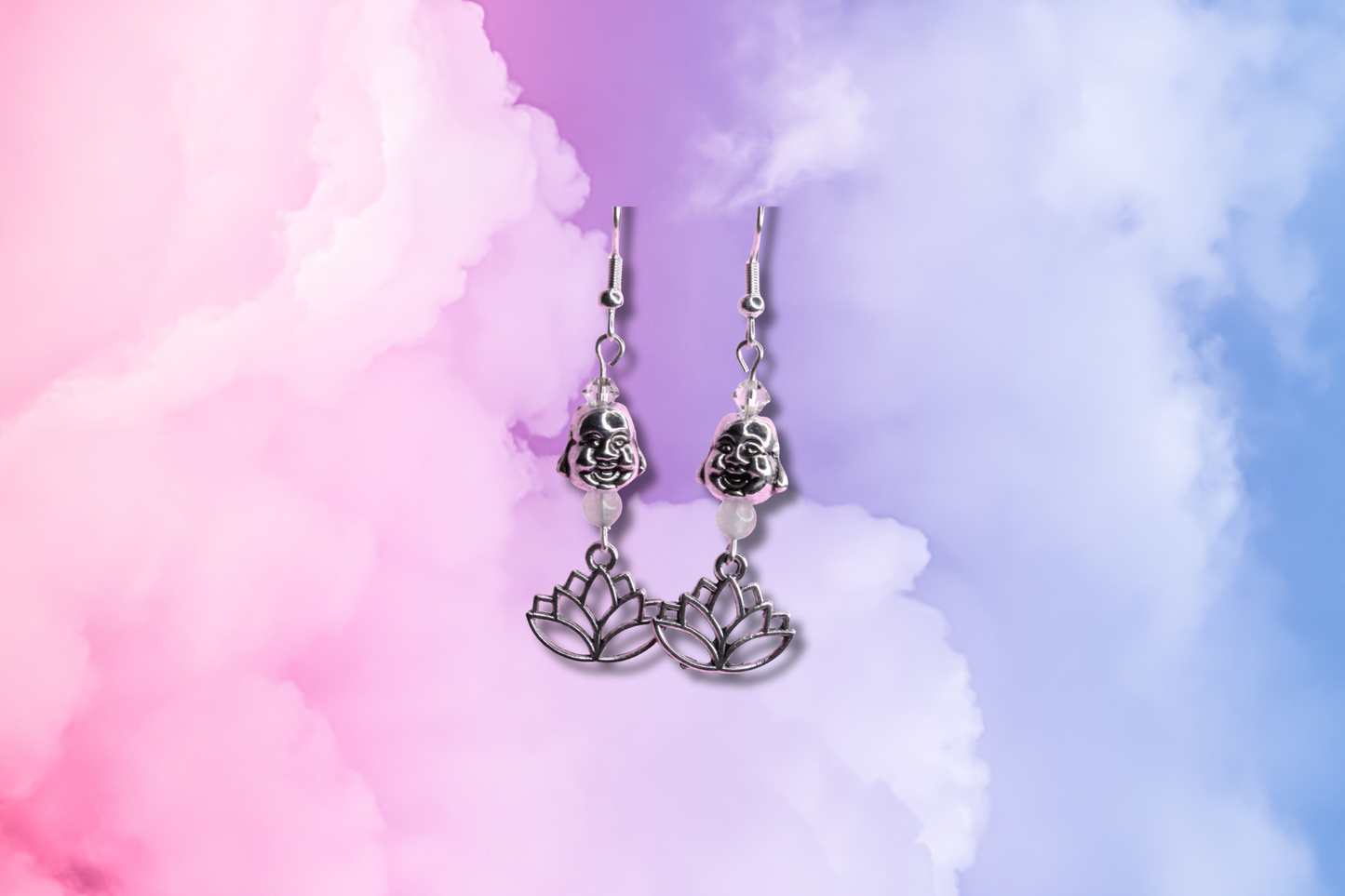 Buddha Head with Rose Quartz, Lotus Charm and Pink Swarovski Earrings
