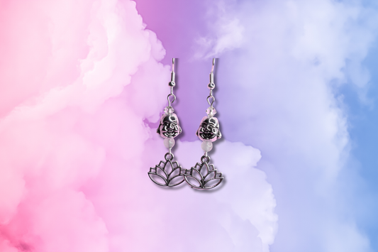 Buddha Head with Rose Quartz, Lotus Charm and Pink Swarovski Earrings