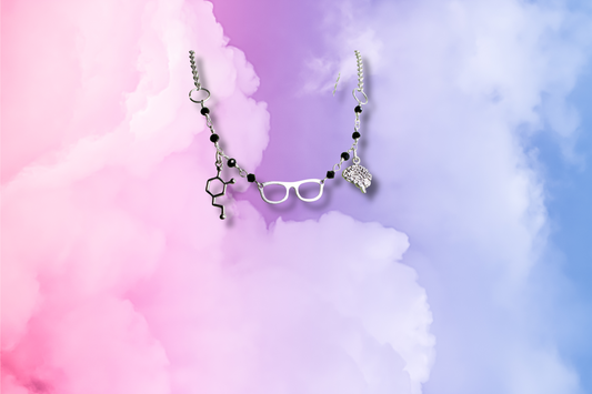 Glasses, Brain, Serotonin, Black Bead Chain on Chain Necklace