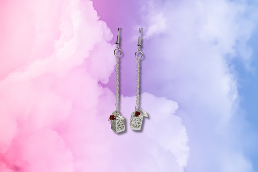 Chinese Style Lantern on Long Chain with Red and Pearl Swarovski Earrings