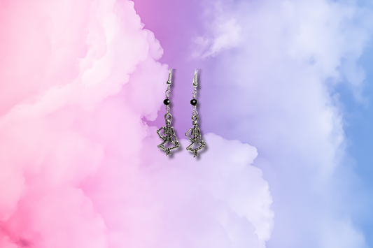 Jumping Skeleton on Black Bead Chain Earrings