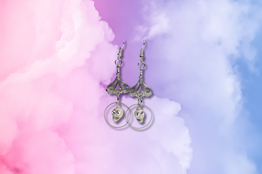 Art Deco Flower with Crystal Eyed White Howlite Skull Earrings