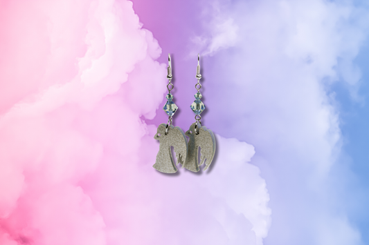 Silver Glitter DR Who Angel with Large and Small Blue Swarovski Earrings
