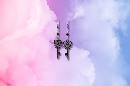 Black Fancy Key on Black Bead Chain Earrings