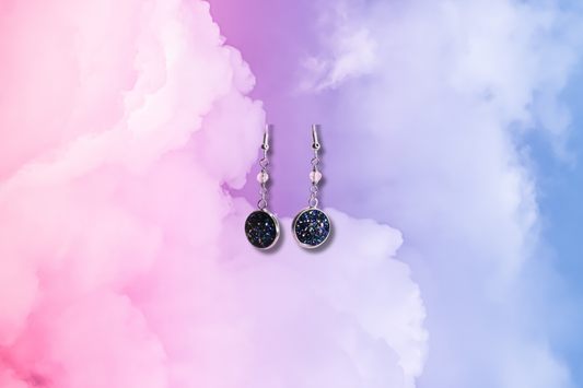 Blue Crystal Cluster Circle on Clear Bead Chain Earrings