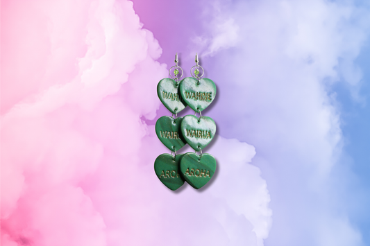 Greenstone Color Hearts, WAHINE/WAIRUA/AROHA and Green Swarovski Earrings