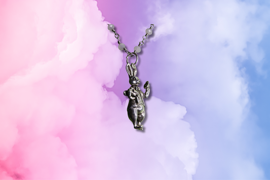 White Rabbit, Pink Beads on Chain Necklace