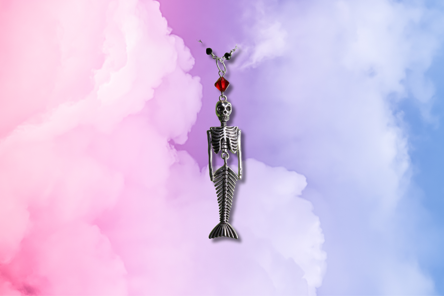 Skeleton Mermaid, Large Red Swarovski on Black Bead Chain Necklace