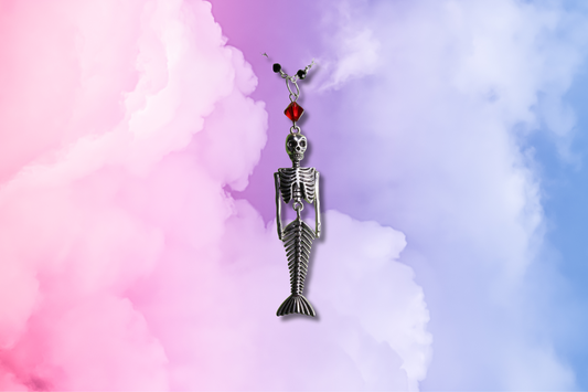 Skeleton Mermaid, Large Red Swarovski on Black Bead Chain Necklace