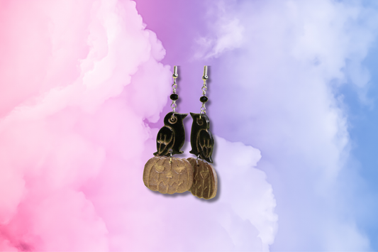 Black Raven and Pumpkin on Black Bead Chain Earrings