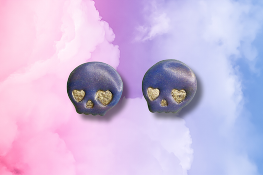 Blue and Pink Gold Heart Eyed Skull Studs