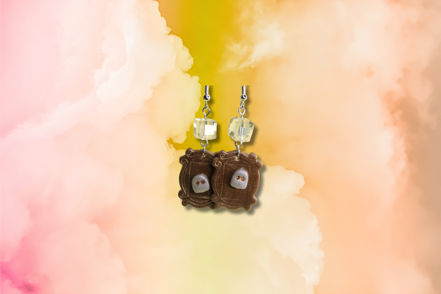 Gold Frame with Ghost and Pale Yellow Square Swarovski Earrings