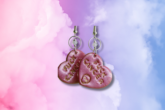 Pink FUCK CANCER Skull Heart with Frosted Pink Swarovski Earrings